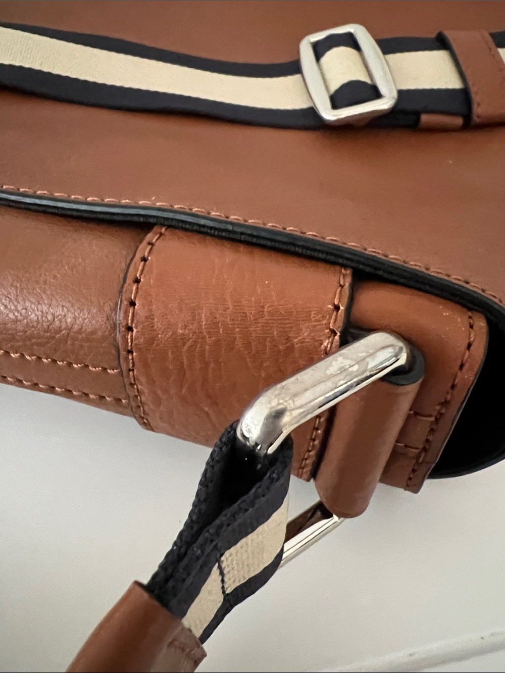 COACH Tan Brown Leather Messenger Bag with Striped Webbing Strap - Picture 5 of 9
